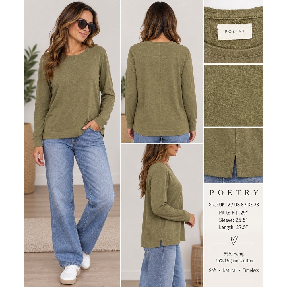 Poetry UK 12 US 8 Olive Green Hemp Organic Cotton Long Sleeve Tunic Top